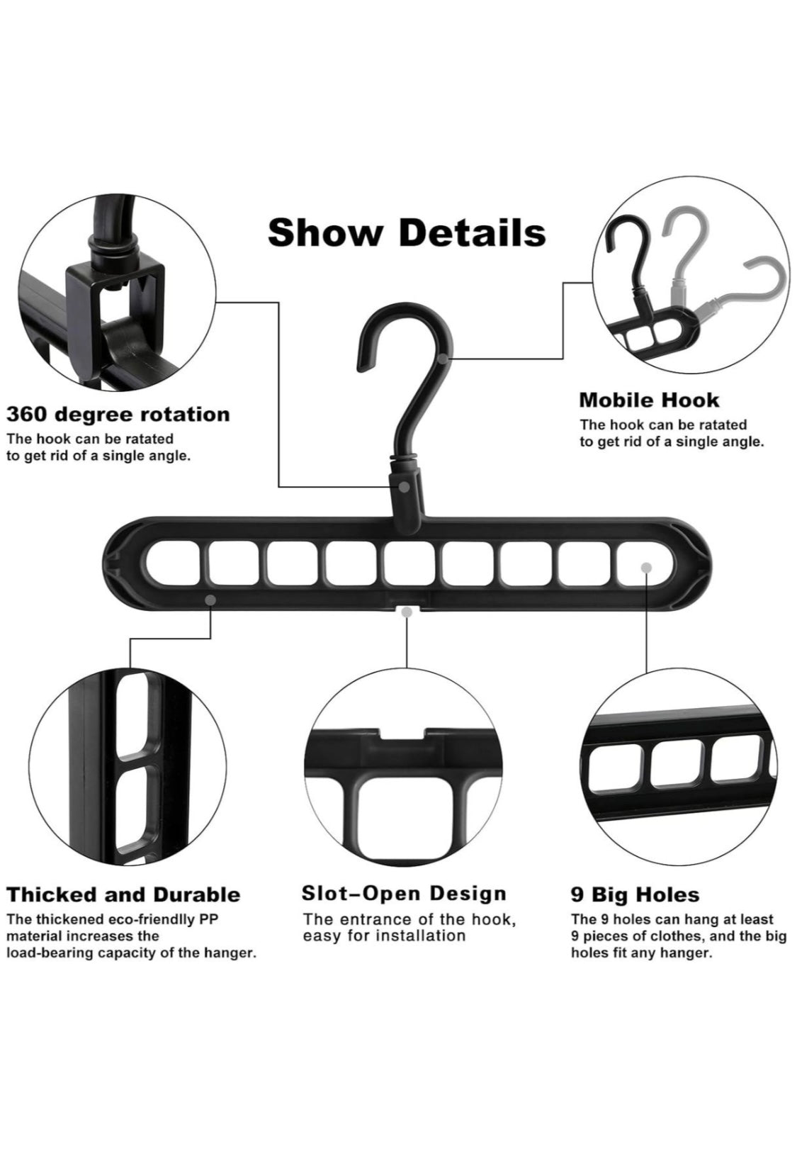 5 Pieces Clothes Hanger Organizer, 9 Holes Rotate Anti-skid Folding Hanger