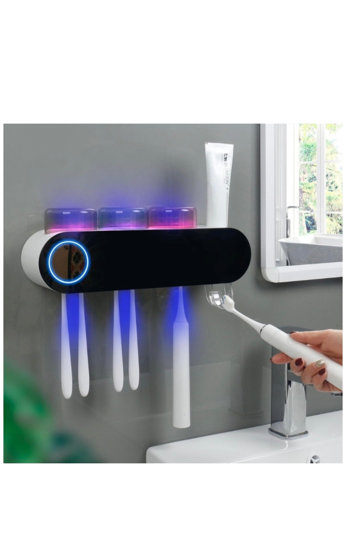 UV Toothbrush Sanitizer and Holder with 3 Cups & Toothpaste Dispenser