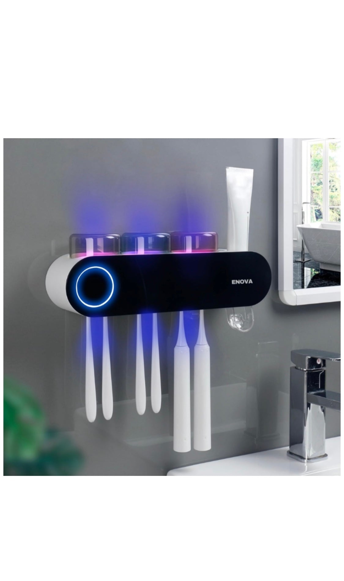 UV Toothbrush Sanitizer and Holder with 3 Cups & Toothpaste Dispenser