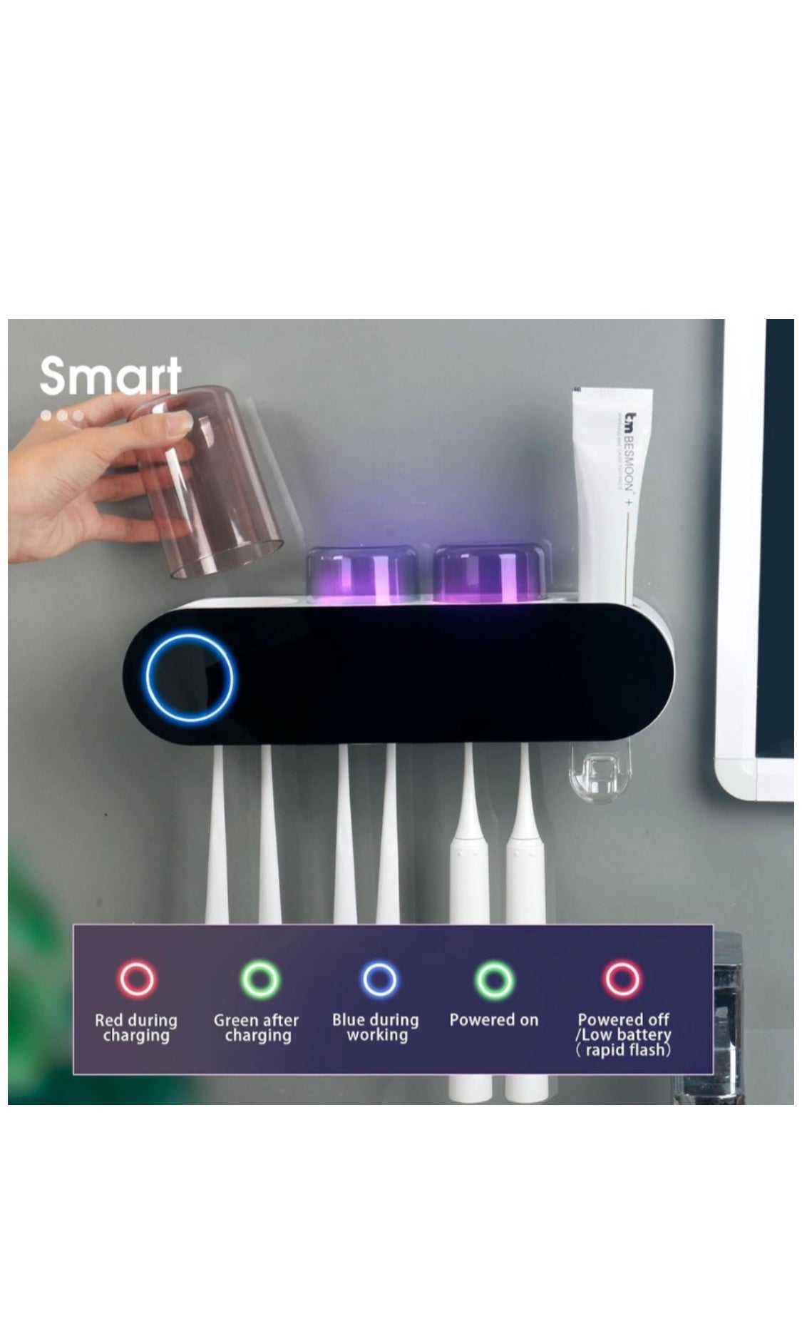 UV Toothbrush Sanitizer and Holder with 3 Cups & Toothpaste Dispenser
